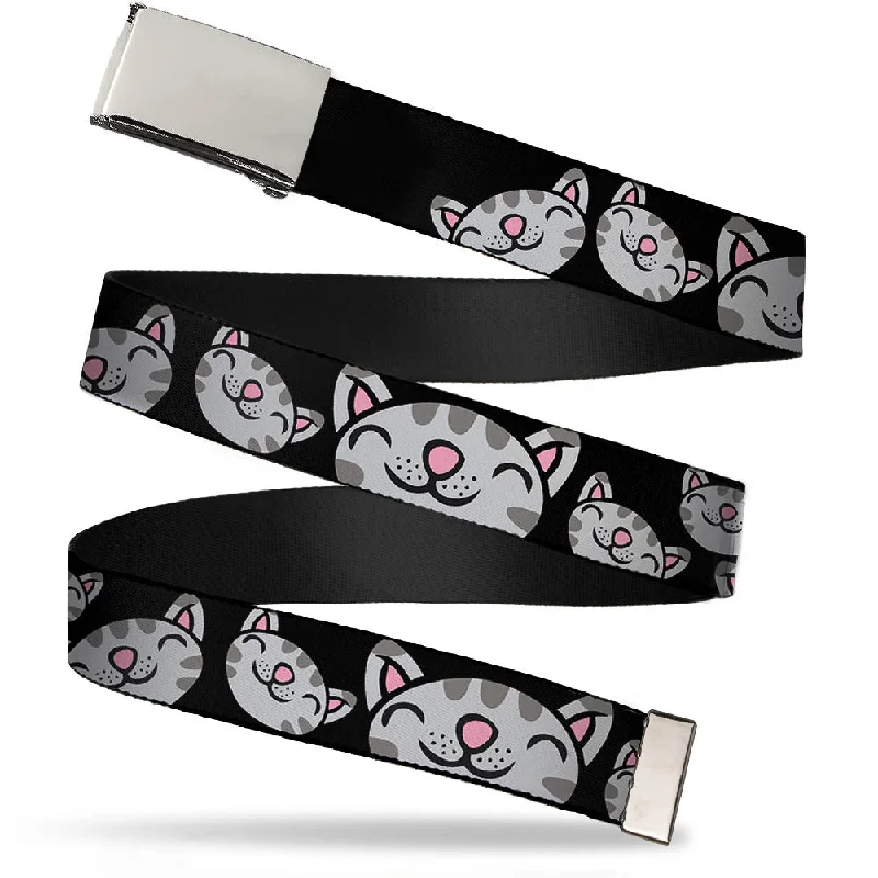 Chrome Buckle Web Belt - Mutli Soft Kitty Face Black Webbing