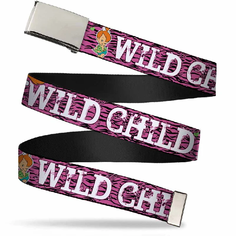 Chrome Buckle Web Belt - Pebbles Face/Pose WILD CHILD Pink/Black/White Webbing