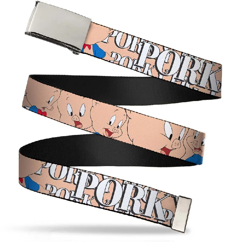 Chrome Buckle Web Belt - PORKY PIG w/Poses Pink Webbing