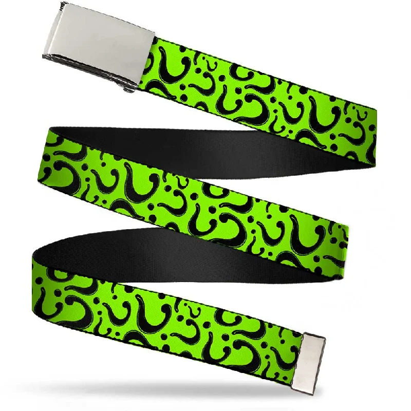 Chrome Buckle Web Belt - Question Mark Scattered Lime Green/Black Webbing