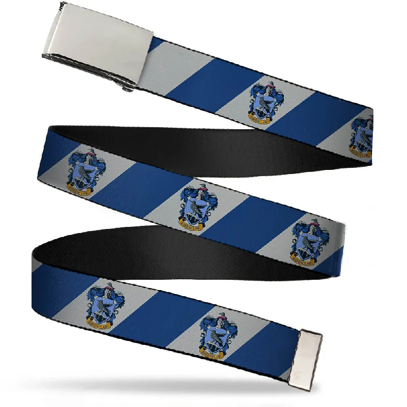 Chrome Buckle Web Belt - RAVENCLAW Crest Diagonal Stripe Gray/Blue Webbing