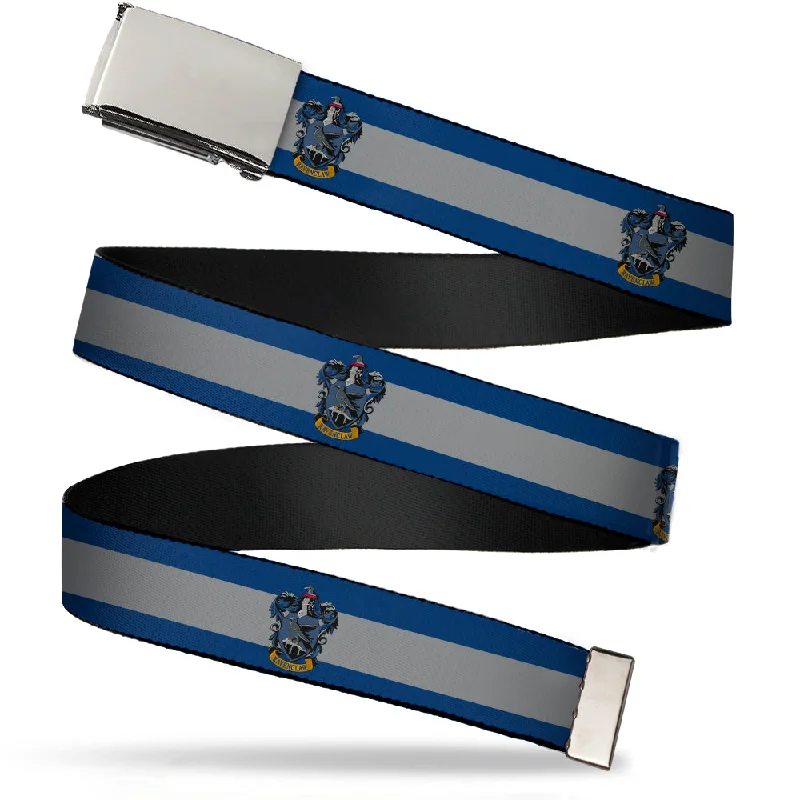 Chrome Buckle Web Belt - RAVENCLAW Crest/Stripe8 Blue/Gray Webbing