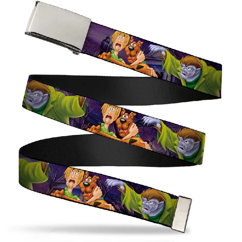 Chrome Buckle Web Belt - Scooby & Shaggy Hugging w/Werewolf Man Purple Webbing