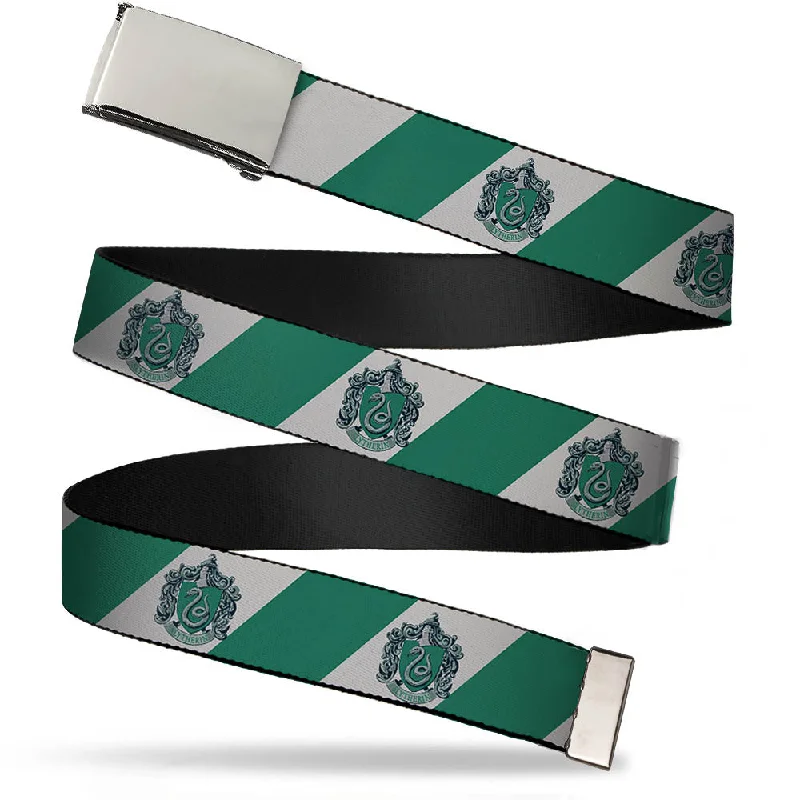 Chrome Buckle Web Belt - SLYTHERIN Crest Diagonal Stripe Gray/Green Webbing