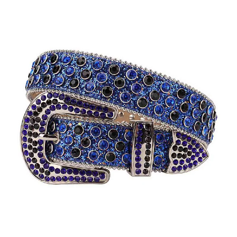 Rhinestones Leather Belt Blue Glitter With Blue And Black Stones