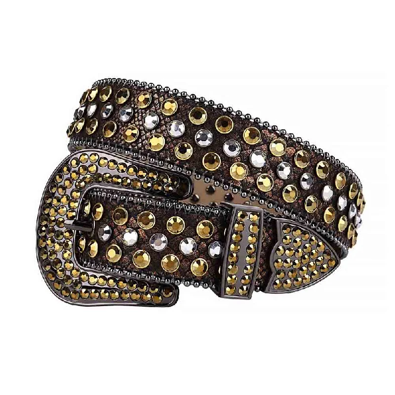 Rhinestones Leather Belt   Brown With White And Gold Stones