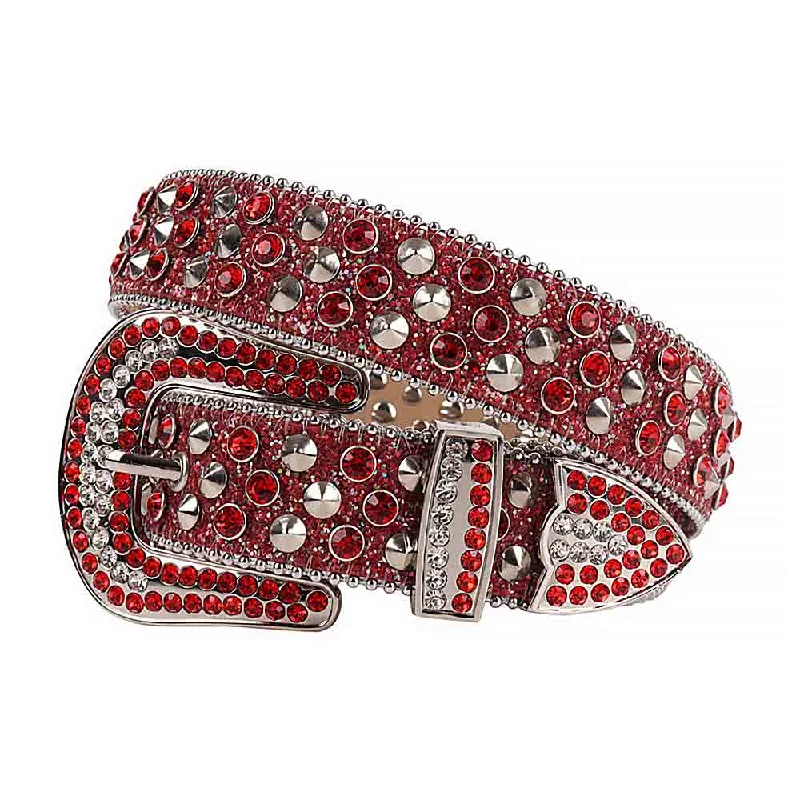 Rhinestones Leather Belt   Red Glitter With Studs And Red Stones