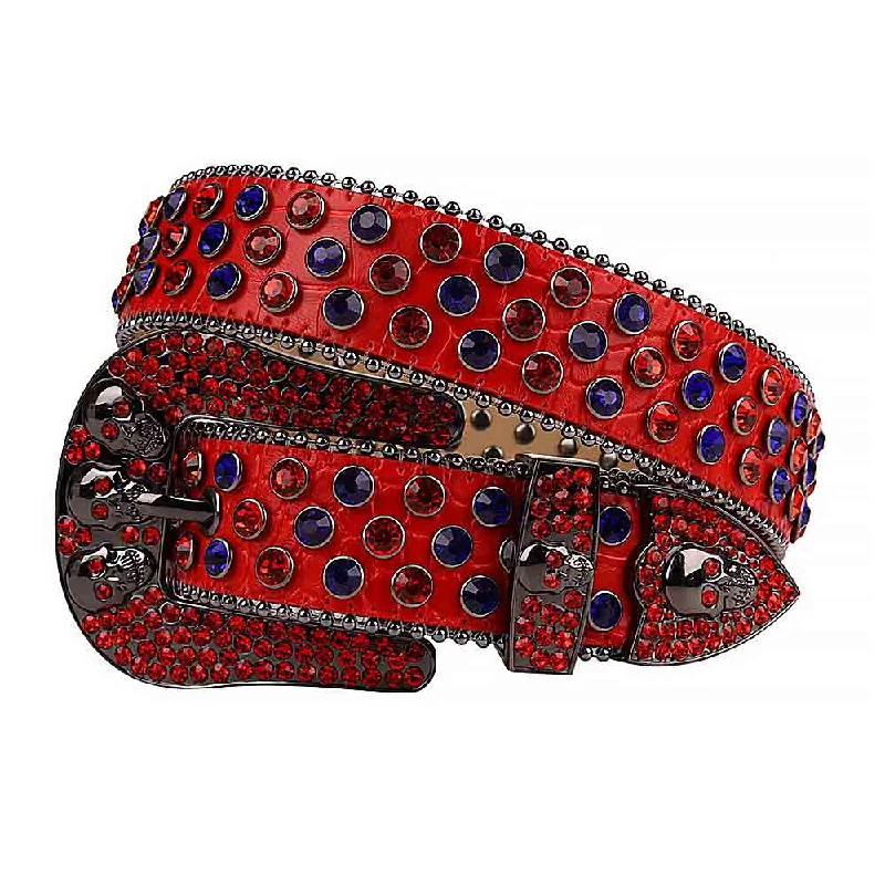 Rhinestones Leather Belt   Red Skull With Red And Blue Stones