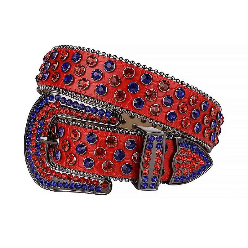 Rhinestones Leather Belt   Red With Red And Blue Stones