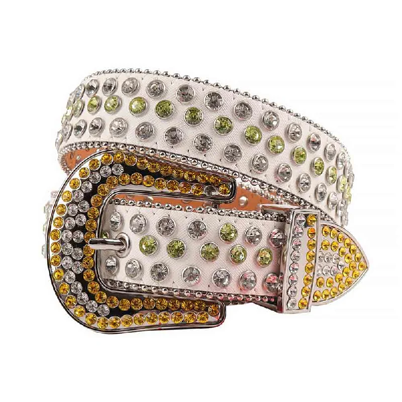 Rhinestones Leather Belt   White With Green And White Yellow Stones