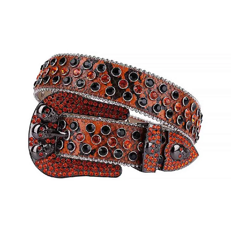 Rhinestones Leather Belt Orange And Black Skull With Orange And Black Stones