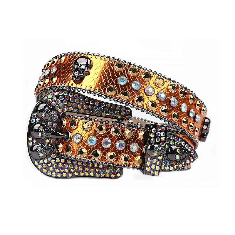 Rhinestones Yellow Gold Leather Belts Skull Buckle With Gold & White Multi Colour Stones