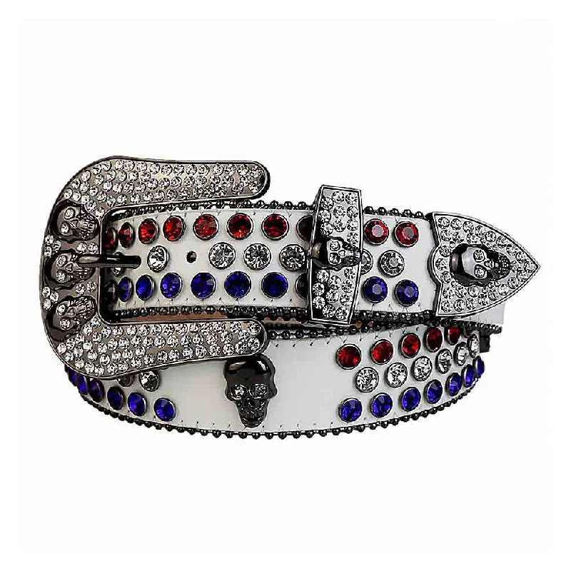 Rhinestones Leather Belt White With 7 Skulls Red White Blue Stones