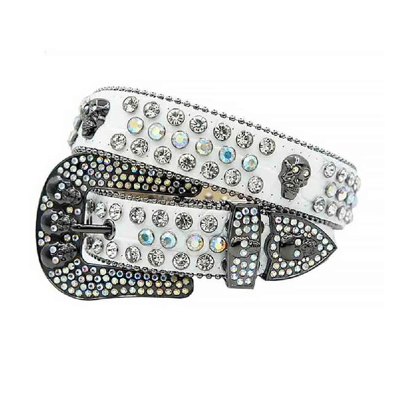 Rhinestones Leather Belt   White with 7 Skulls and Multi Stones