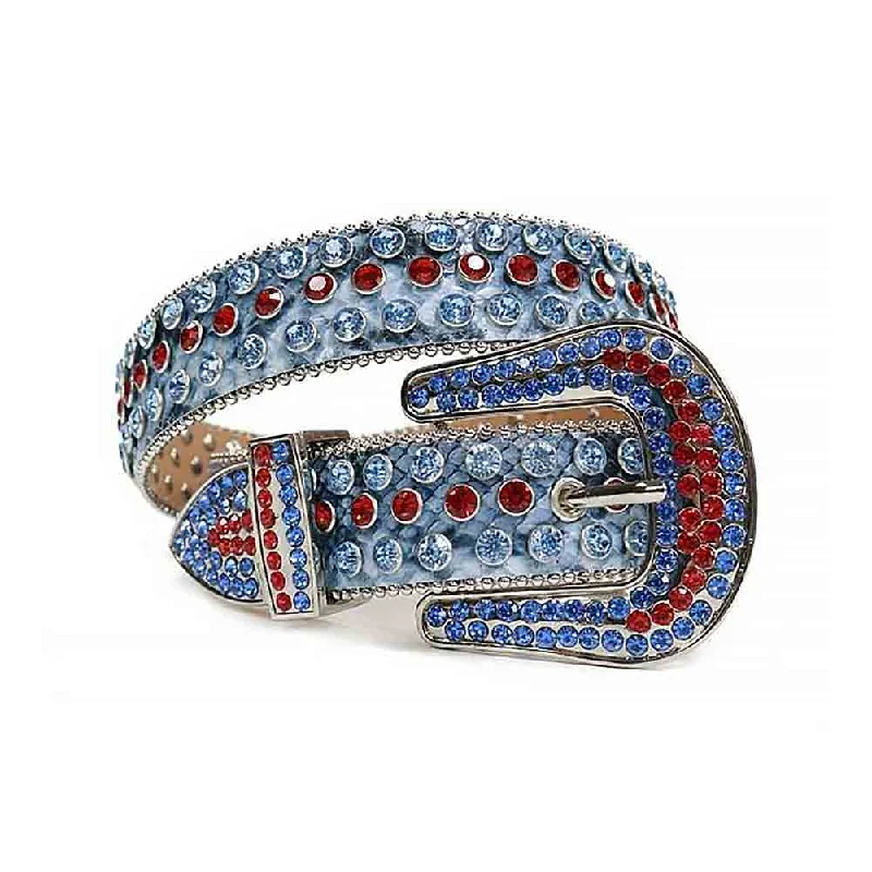 Rhinestones Leather Belt Serpentine Blue with Red