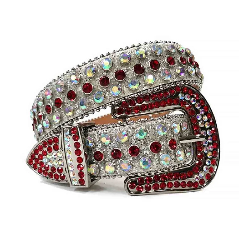 Rhinestones Leather Belt   White with Red