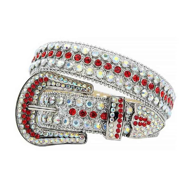 Rhinestones Leather Belt White with Red Stones