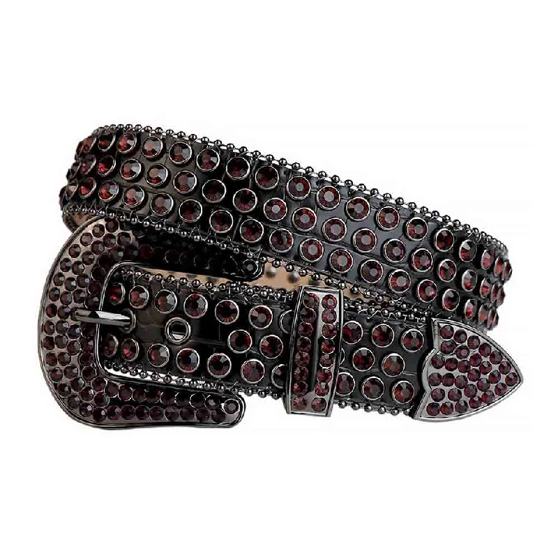 Rhinestones Leather Belt Black with Maroon Stones