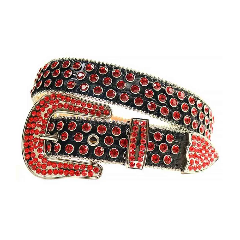 Rhinestones Leather Belt Black with Red Stones