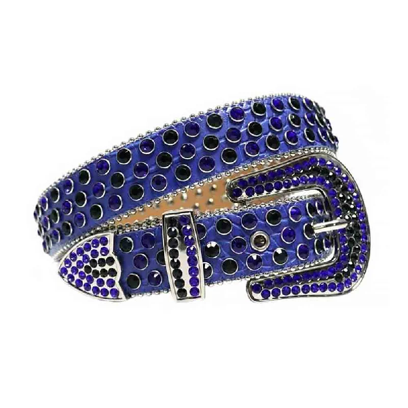 Rhinestones Leather Belt Blue with Black