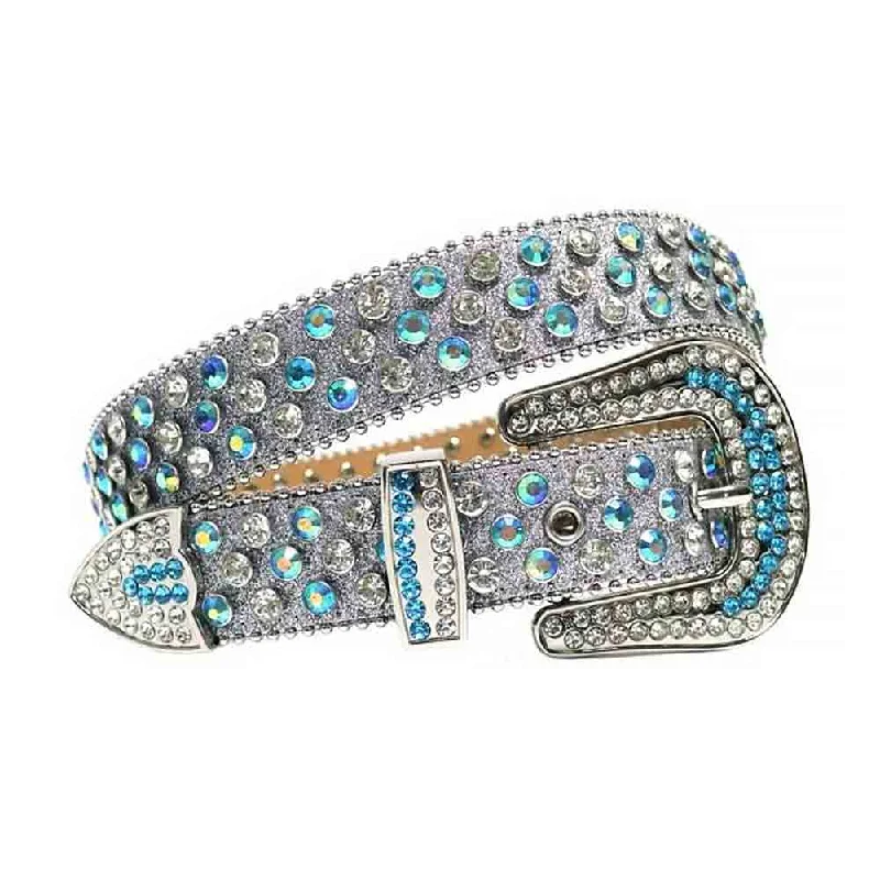 Rhinestones Leather Belt Gray Glitter with Blue