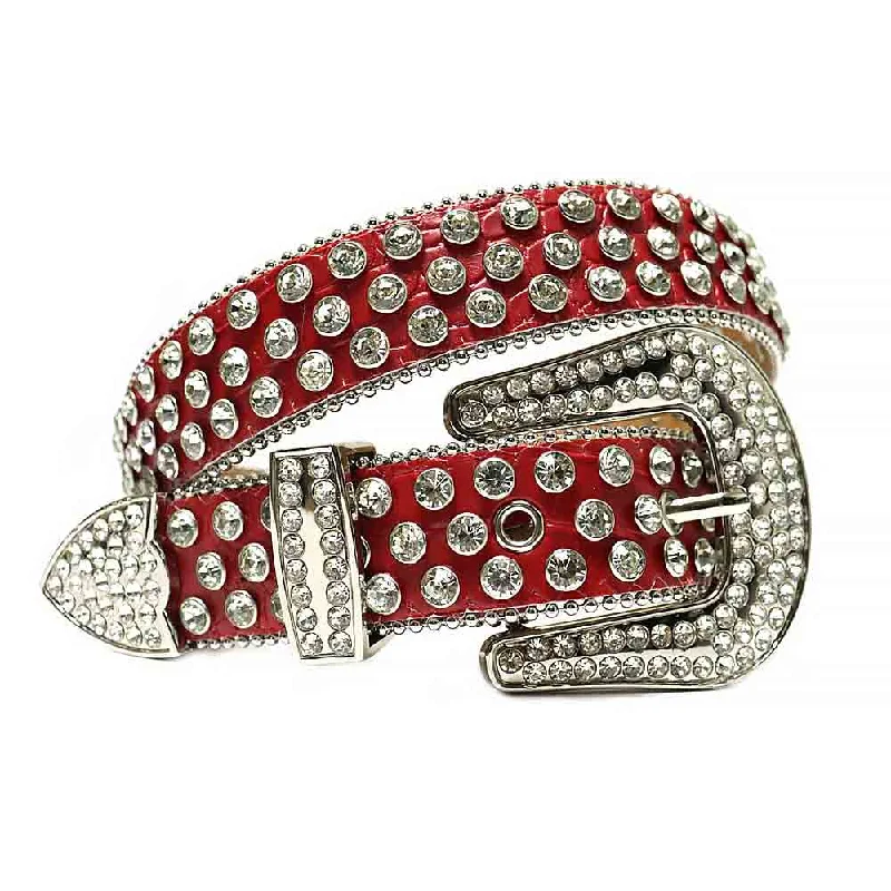 Rhinestones Leather Belt Red Big White Stones