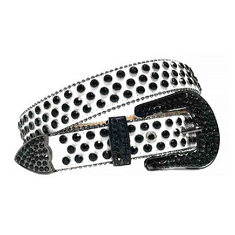 Rhinestones Leather Belt White with Black