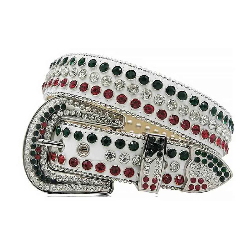 Rhinestones Leather Belt White Green with Red