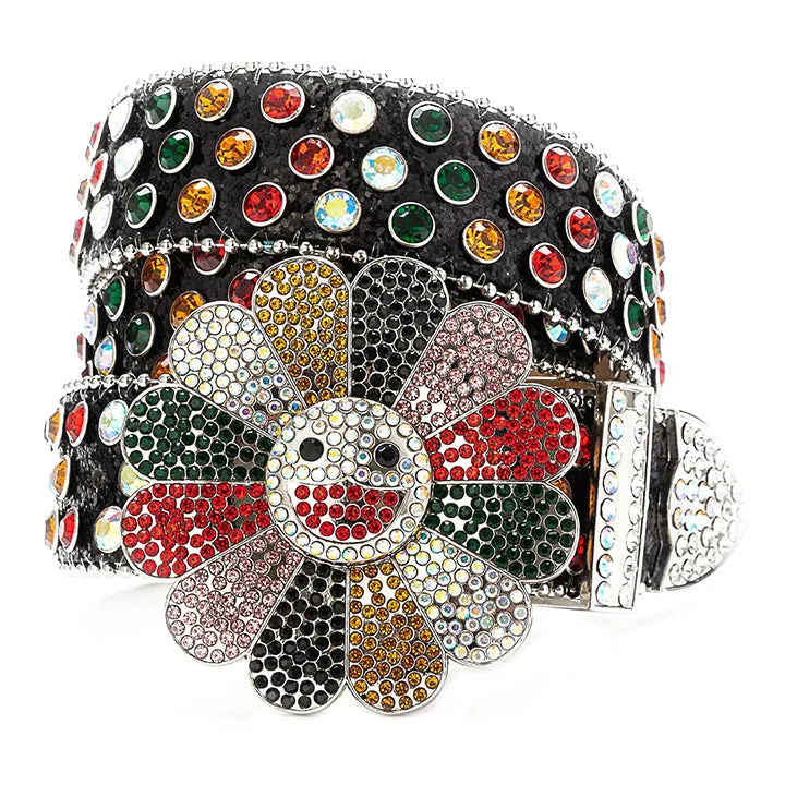 Flower Buckle Black Strap Belt with Multi-Color Studded Rhinestones