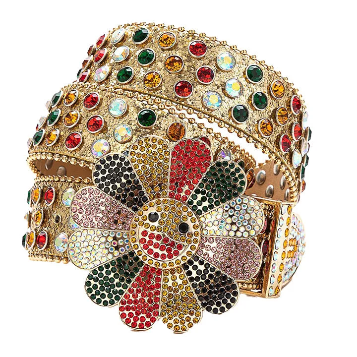 Flower Buckle Gold Strap Belt with Multi-Color Studded Rhinestones