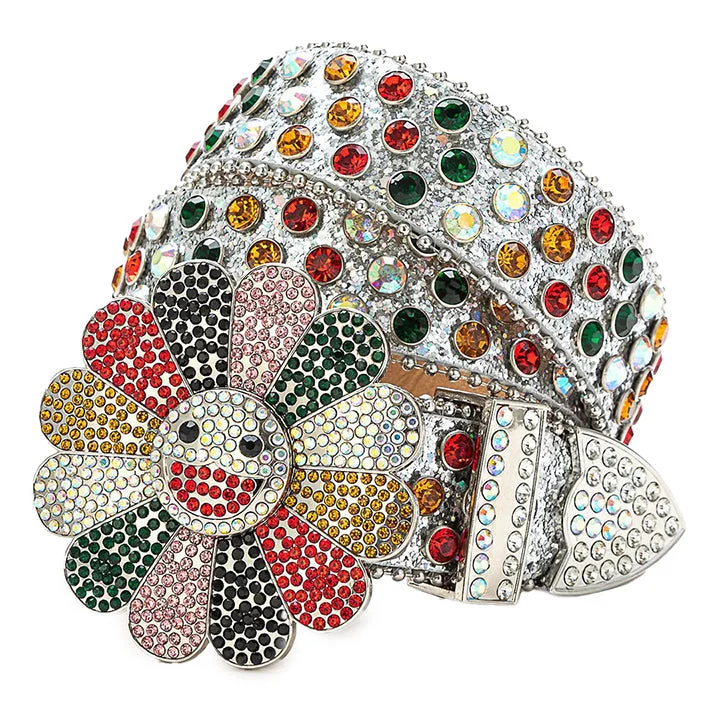 Flower Buckle Silver Strap Belt with Multi-Color Studded Rhinestones