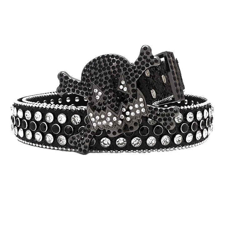 Gengar Buckle Black Strap Belt with Black & Crystal Studded Rhinestones