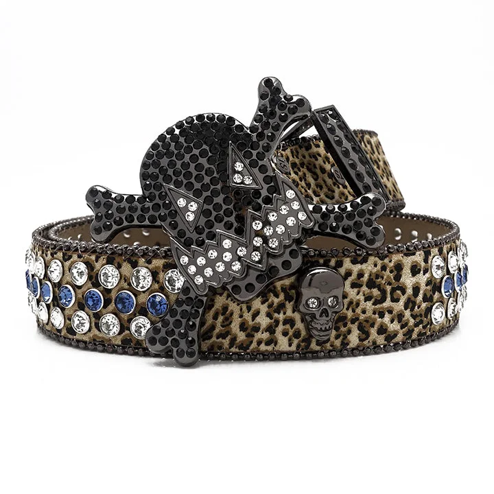 Gengar Buckle Leopard Strap Belt with Black Studded Rhinestones