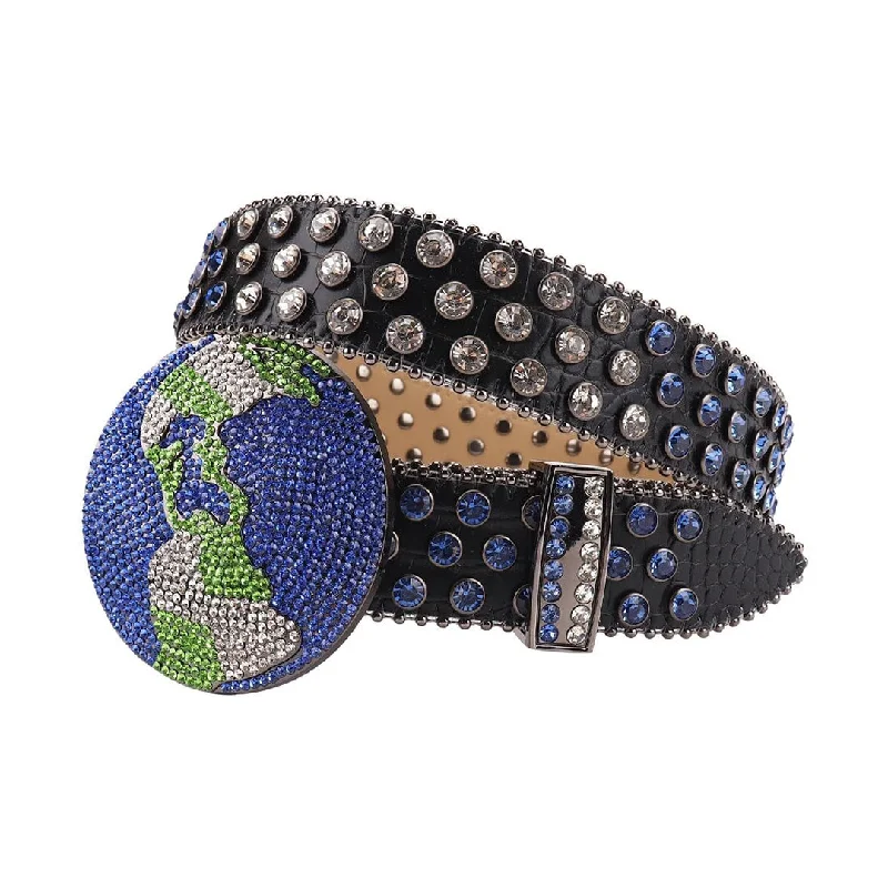 Globe Buckle Black Strap With Silver & Blue Studded Rhinestone Belt