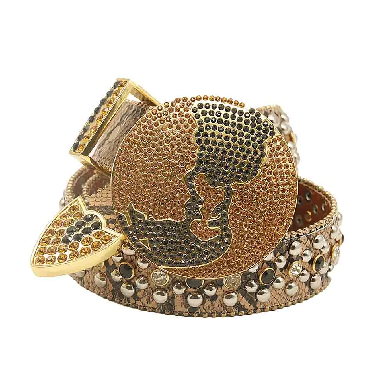 Globe Buckle Gold Strap With Black & Gold Studded Rhinestone Belt