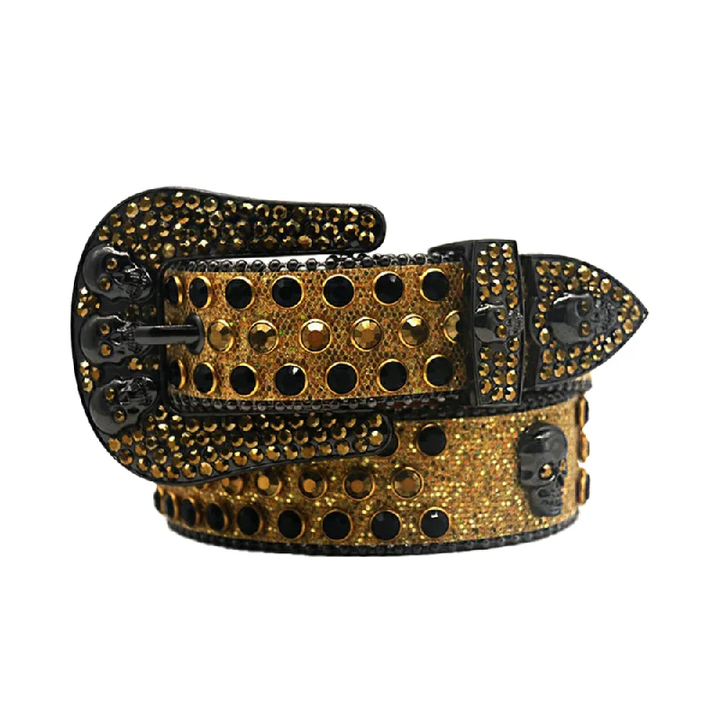 Gold Strap Skull Buckle With Black & Gold Rhinestone Belt