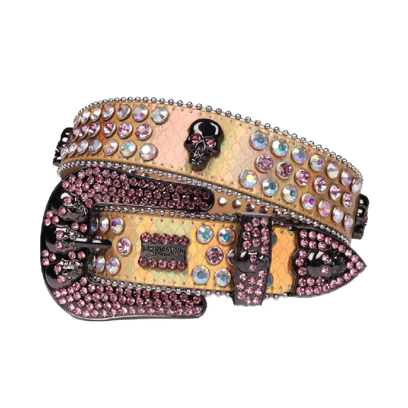 Gold Strap Skull Buckle With Shiny Pink & Multi Rhinestone Belt