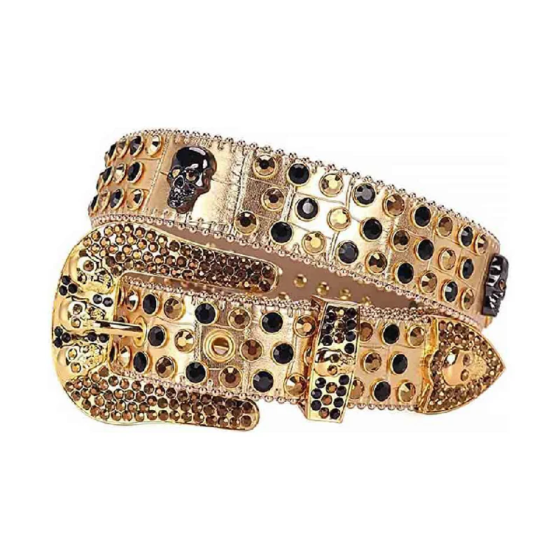 Gold Strap With Black & Gold Studded Rhinestone Skulls Belt