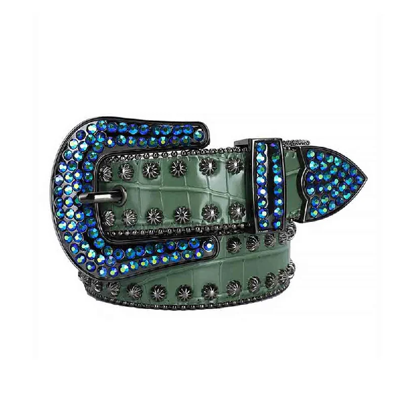 Green Leather Strap With Blue Crystal Bling Stones Belt