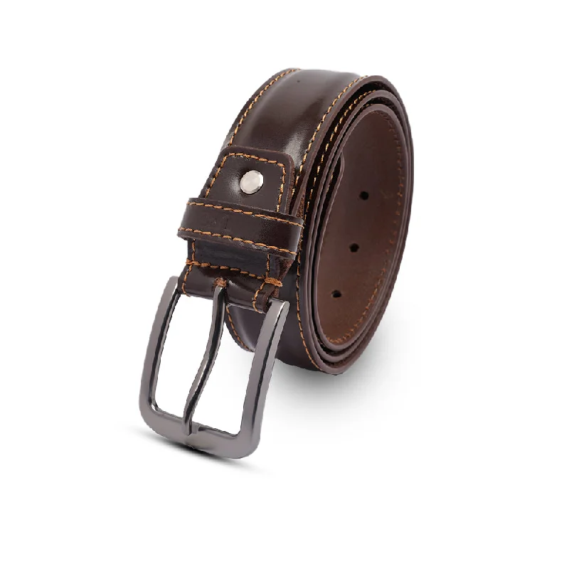 Men's Dark Brown Leather Belt with Silver Buckle