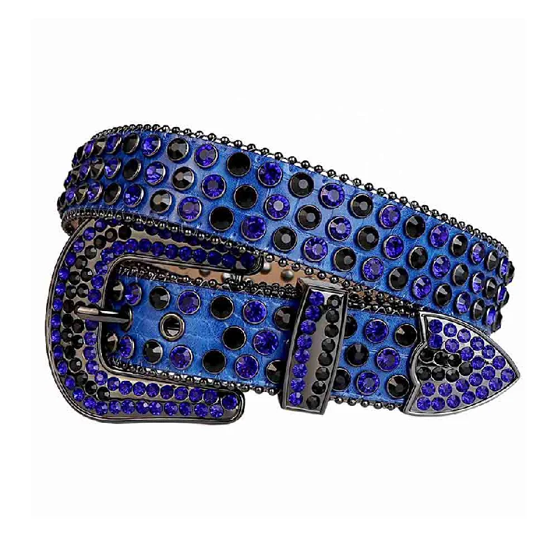 Rhinestones Leather Belt Blue With Black And Blue Stones