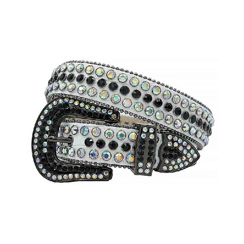 Rhinestones Leather Belt   White With Black And Multi Stones