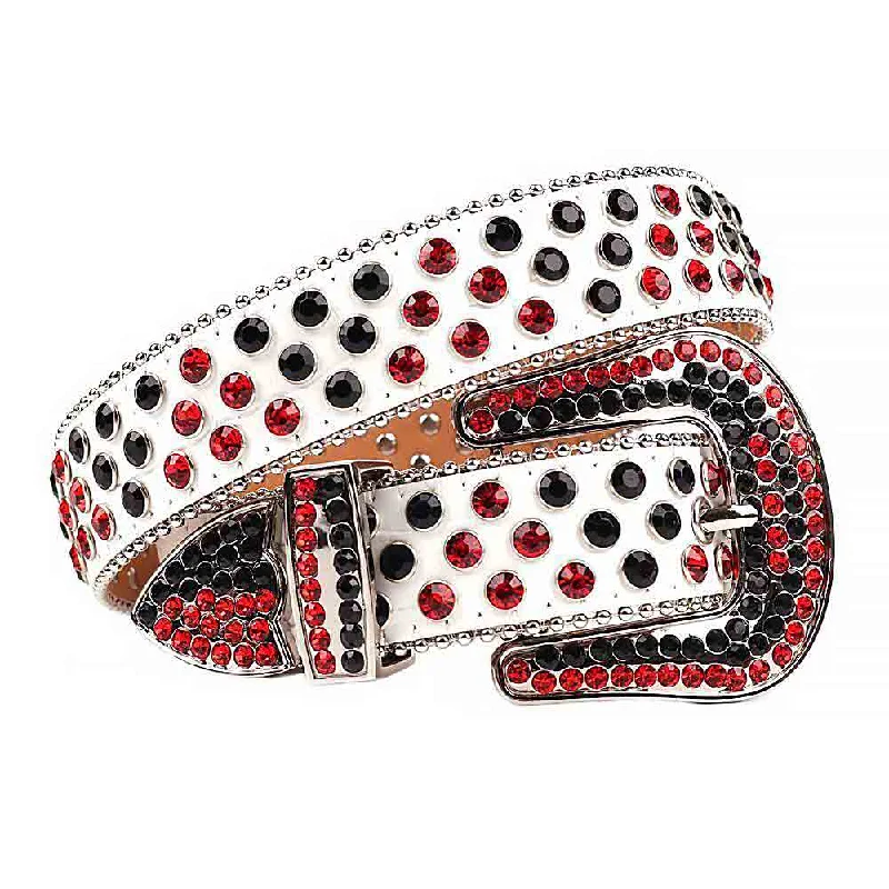 Rhinestones Leather Belt   White With Black And Red Stones