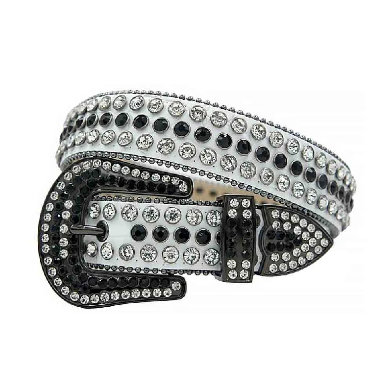 Rhinestones Leather Belt   White With Black And White Stones