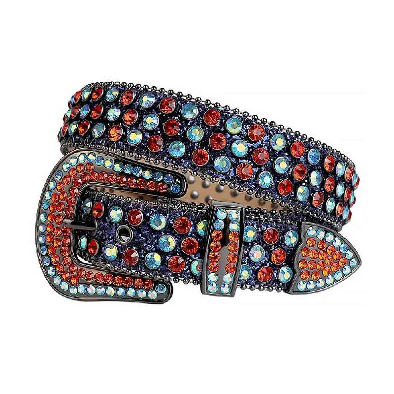 Rhinestones Leather Belt Black And Blue With Red And Blue Stones