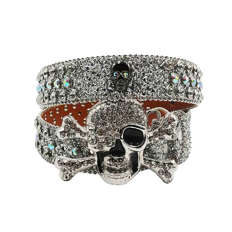 Metal Skull Buckle With Silver & Multi Studded Rhinestone Belt