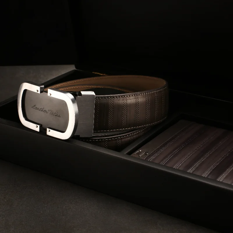 Premium Italian VT Stripe Leather Wallet & Belt Set | Luxury Genuine Leather Belt For Men |  Wallet for Men | Colour: Grey