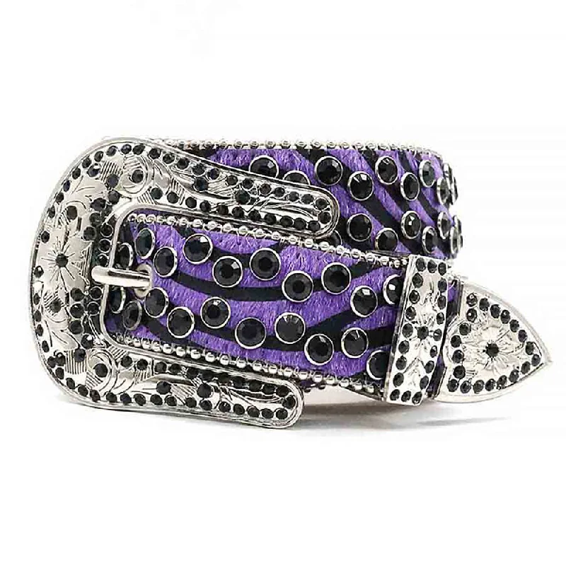 Purple Patterned Strap With Black Studded Rhinestone Belt