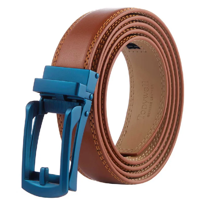 light brown belt with blue buckle