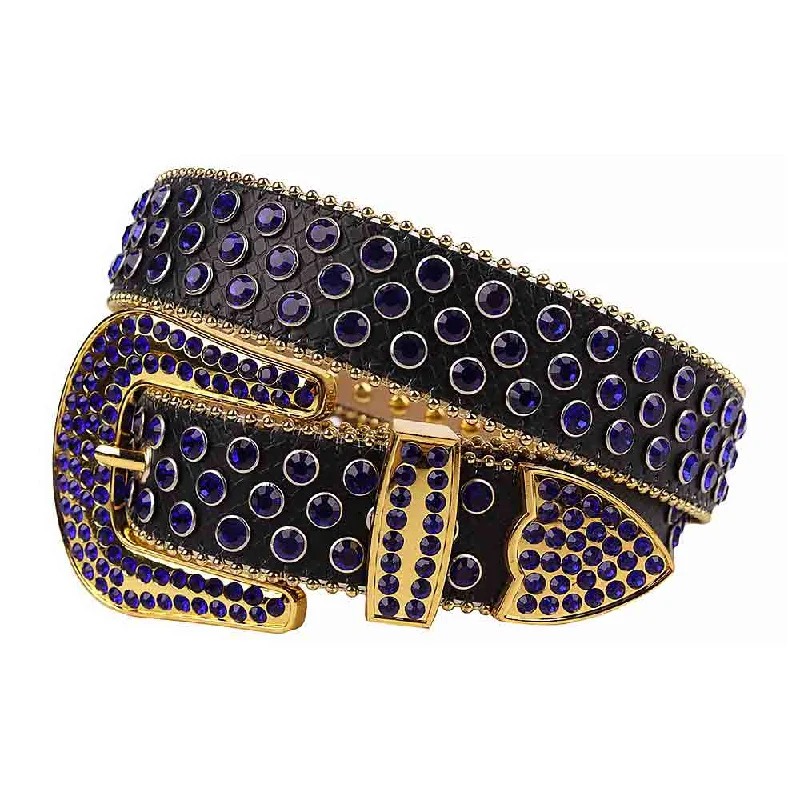 Rhinestone Black belt and Blue Crystal Diamonds with Gold Buckle Studded with Blue Crystal Diamonds Rhinestones